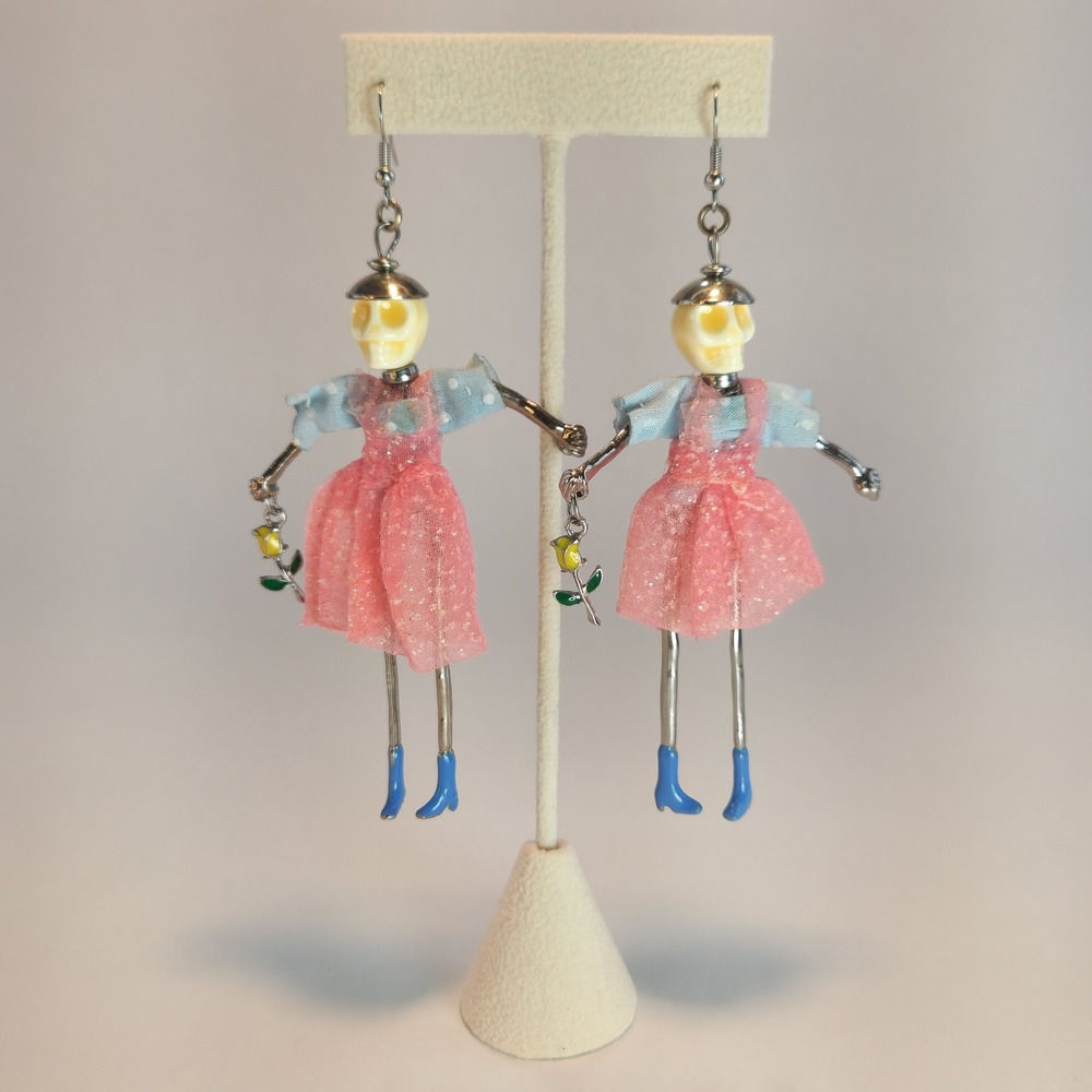 Skeleton Doll Dangle Earrings Pink Dress Rose Charm Halloween Silver Tone